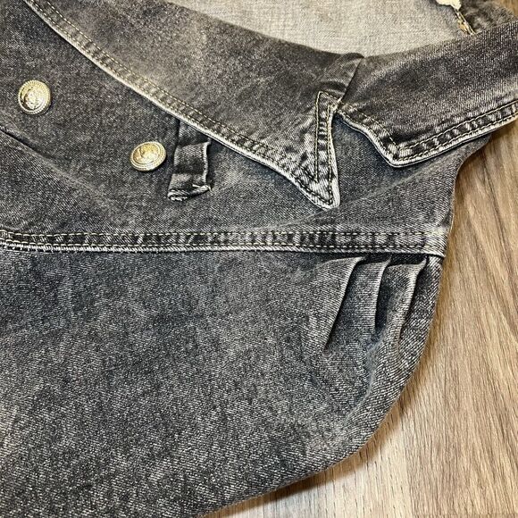 Boutique Collared Denim Jacket Military Puffed Sleeves With Buttons In Charcoal - Picture 6 of 8
